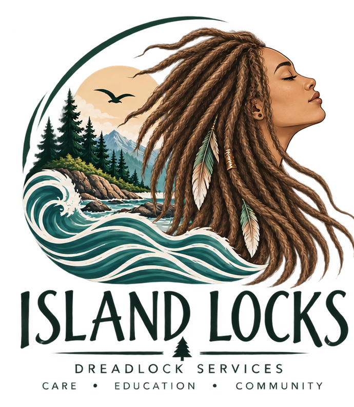 Island Locks coastal illustration of flowing dreadlocks, ocean waves, mountains and evergreens