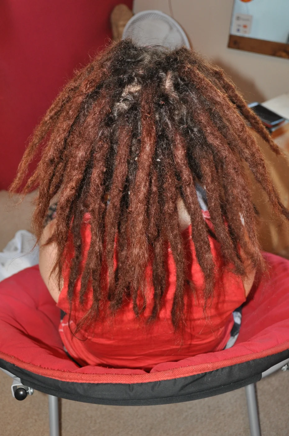 Rear view of dreadlocks with warm copper tones